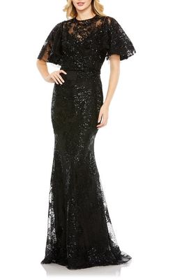 Mac Duggal Embellished Flutter Sleeve Mermaid Gown in Black