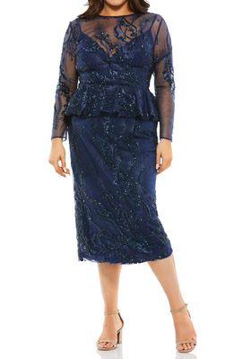 Mac Duggal Embellished Long Sleeve Mesh Cocktail Dress in Midnight