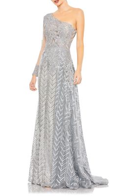Mac Duggal Embellished Long Sleeve One-Shoulder Gown in Platinum