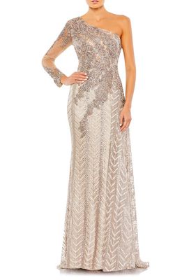 Mac Duggal Embellished Long Sleeve One-Shoulder Gown in Taupe