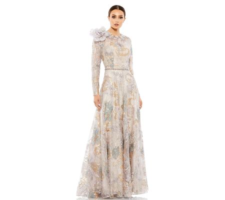 Mac Duggal Embellished Long Sleeve Rose Appliqu e Dress