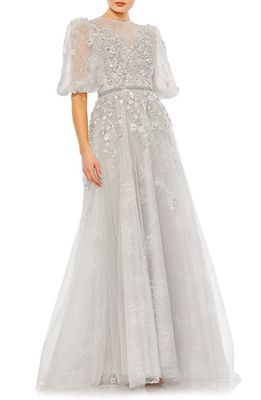 Mac Duggal Embellished Puff Sleeve A-Line Gown in Platinum