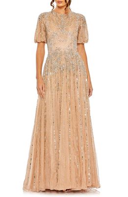 Mac Duggal Embellished Puff Sleeve A-Line Gown in Taupe