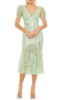 Mac Duggal Embellished Puff Sleeve Midi Dress in Mint