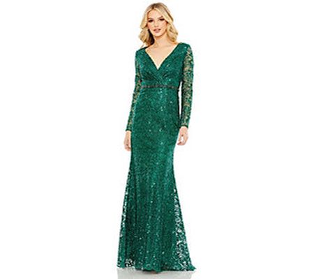 Mac Duggal Embellished Wrap Bodice Long Sleeve Gown