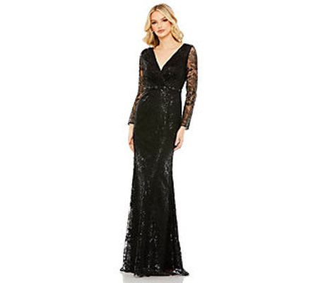 Mac Duggal  Embellished Wrap Over Long Sl eeve Gown