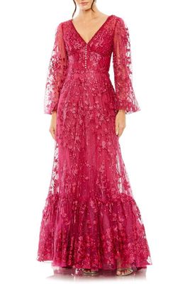 Mac Duggal Embroidered Bishop Sleeve Gown in Cranberry