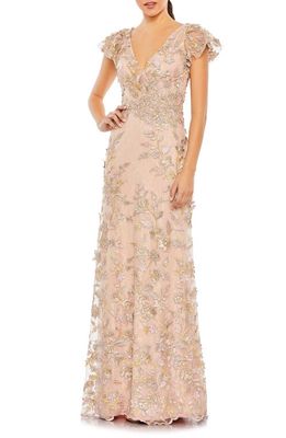 Mac Duggal Embroidered Floral Appliqué Flutter Sleeve Gown in Rose Gold