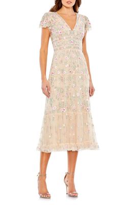 Mac Duggal Embroidered Flutter Sleeve Midi Dress in Beige Multi