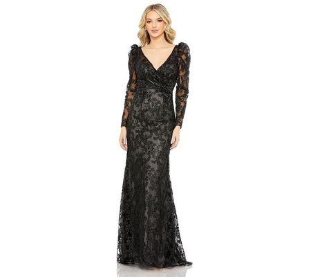 Mac Duggal Embroidered Lace Puff Sleeve Wrap Go wn