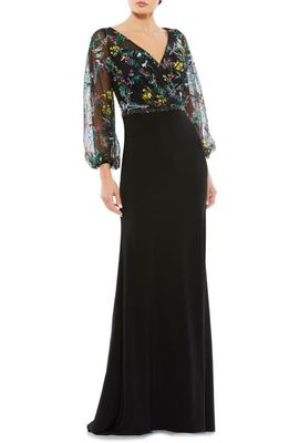 Mac Duggal Embroidered Mesh Long Sleeve Column Gown in Black/Multi