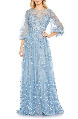 Mac Duggal Embroidered Puff Sleeve A-Line Gown in Blue