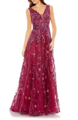 Mac Duggal Embroidered Sleeveless A-Line Gown in Berry