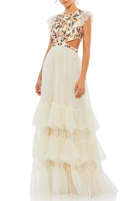 Mac Duggal Embroidered Tiered Gown in Cream Multi