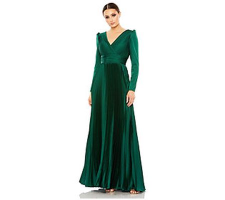 Mac Duggal- Emerald - Pleated Long-Sleeve V-Nec k Gown