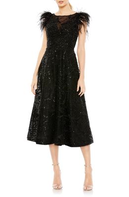 Mac Duggal Feather Shoulder Beaded Tulle A-Line Dress in Black