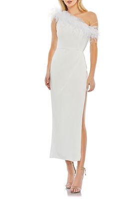 Mac Duggal Feather Trim One-Shoulder Cocktail Midi Dress in White
