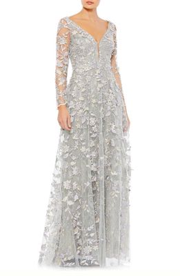 Mac Duggal Floral Appliqué Long Sleeve Lace A-Line Gown in Platinum at Nordstrom, Size 12