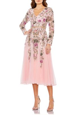 Mac Duggal Floral Beaded Long Sleeve Cocktail Midi Dress in Rose