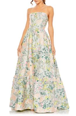 Mac Duggal Floral Brocade Strapless A-Line Gown in Pastel Multi