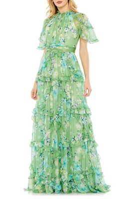 Mac Duggal Floral Cascading Ruffle Chiffon Gown in Green Multi