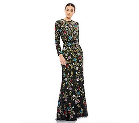 Mac Duggal Floral Embellished Long Sleeve Gown