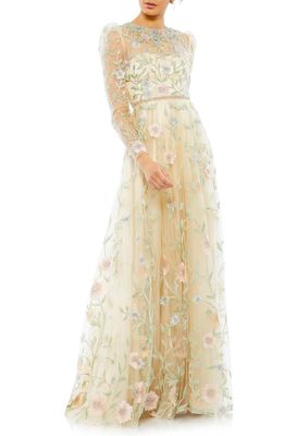 Mac Duggal Floral Embroidered Long Sleeve A-Line Gown in Ivory