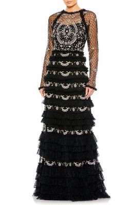 Mac Duggal Floral Embroidered Mesh Long Sleeve Column Gown in Black Multi