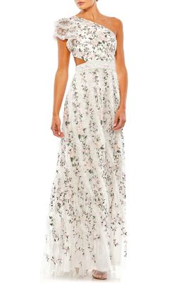 Mac Duggal Floral Embroidered Ruffle One-Shoulder Gown in Ivory