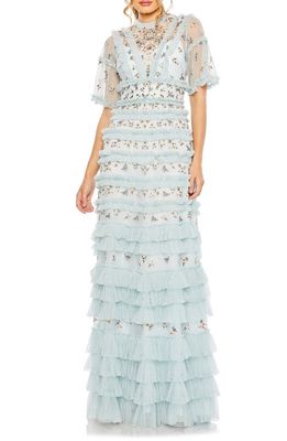 Mac Duggal Floral Embroidered Tiered Gown in Blue Multi