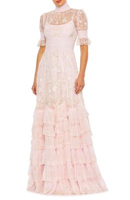 Mac Duggal Floral Embroidered Tiered Ruffle Gown in Rose Pink
