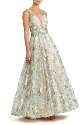 Mac Duggal Floral Embroidery A-Line Gown in Cream Multi