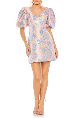 Mac Duggal Floral Jacquard Puff Sleeve Minidress in Pink Multi