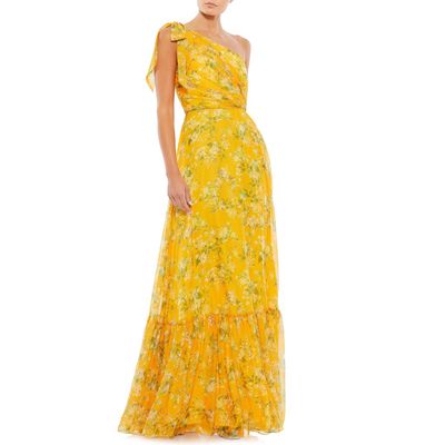 Mac Duggal Floral One-Shoulder Gown in Yellow Multi at Nordstrom, Size 0