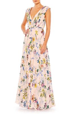 Mac Duggal Floral Pleated Sleeveless Gown in Pink Multi