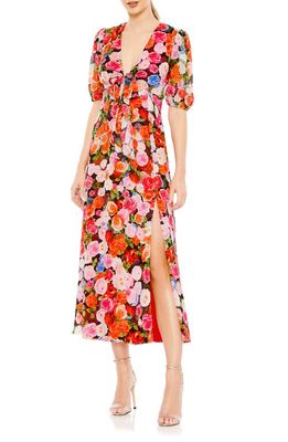 Mac Duggal Floral Print Chiffon Midi Dress in Rose Multi