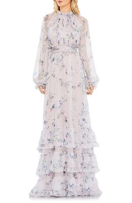 Mac Duggal Floral Print Ruffle Long Sleeve Chiffon Maxi Dress in Lilac Multi