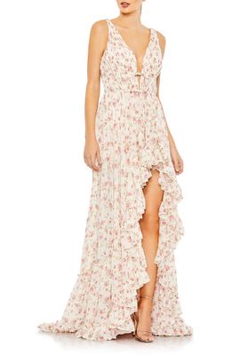 Mac Duggal Floral Print Sleeveless Ruffle Gown in Pink Multi