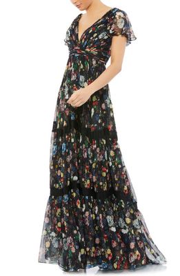 Mac Duggal Floral Print Tiered Empire Waist Chiffon Gown in Black Multi