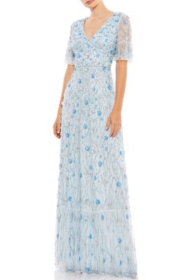 Mac Duggal Floral Sequin & Bead Tulle Gown in Powder Blue