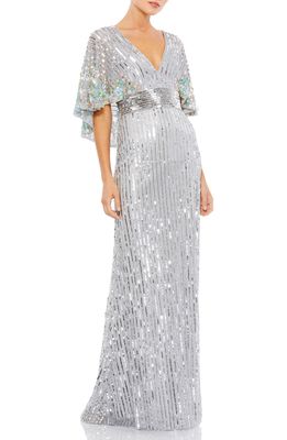 Mac Duggal Floral Sequin Capelet Column Gown in Platinum