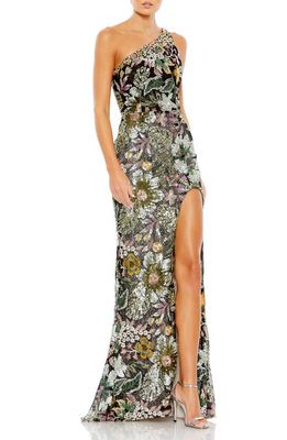 Mac Duggal Floral Sequin One-Shoulder Gown in Black Multi