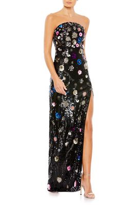 Mac Duggal Floral Sequin Strapless Column Gown in Black Multi