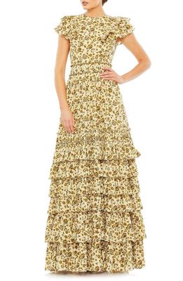 Mac Duggal Floral Tiered Ruffle Gown in Taupe Multi