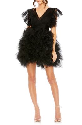 Mac Duggal Flutter Sleeve Tiered Gauze Dress in Black