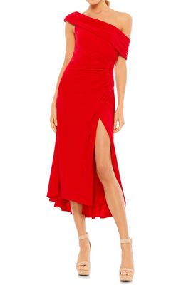 Mac Duggal Foldover Ruched One-Shoulder Chiffon Midi Dress in Red at Nordstrom, Size 6