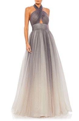 Mac Duggal Glitter Halter Neck Ombré Tulle Gown in Charcoal Ombre