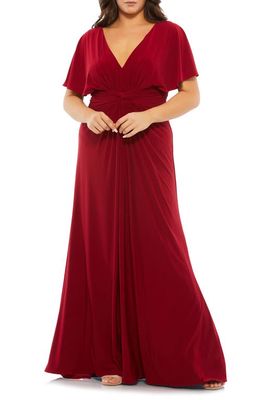 Mac Duggal Grecian Cape Sleeve Jersey Gown in Deep Red