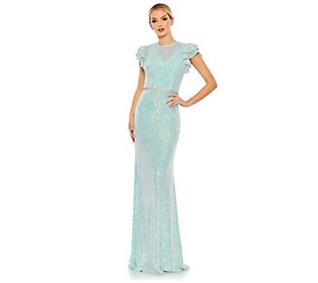 Mac Duggal - Ice Blue - Sequined High-Neck Flut ter-Sleeve Gown