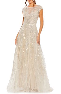 Mac Duggal Illusion Neck Cap Sleeve Gown in Beige Silver